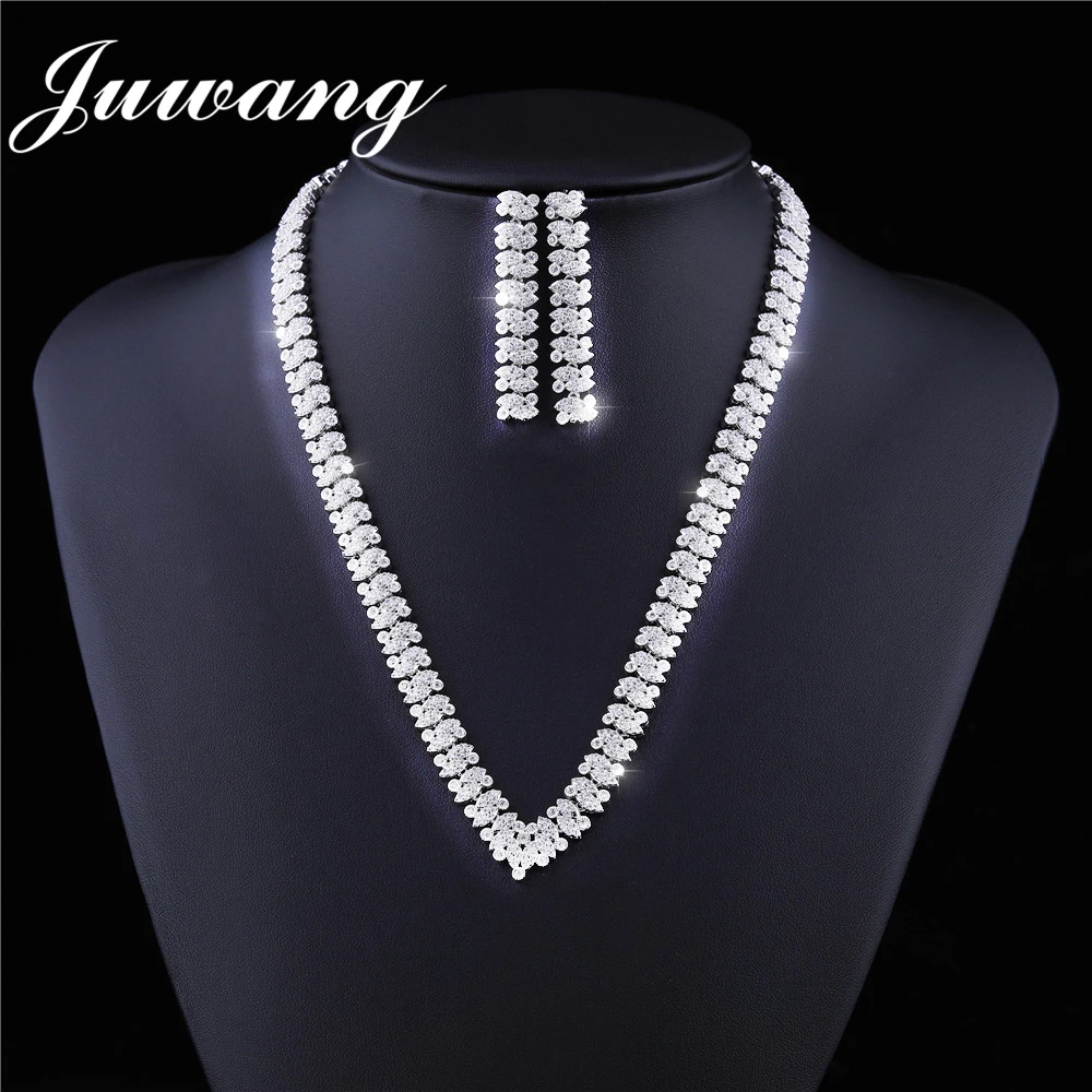 

JUWANG New Arrive Wedding Bling Necklace Earring Jewelry Set Iced Out Zircon Nigeria Bridal Tennis Chain Statement Pendant Gift
