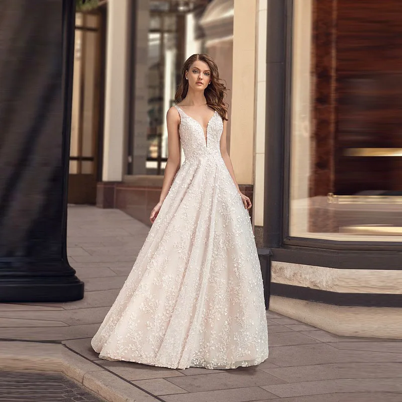 Graceful On Sale A Line Lace Backless Bridal Wedding Gowns Sleeveless Deep V Neckline Wedding Dresses for Bride Affordable
Graceful On Sale A Line Lace Backless Bridal Wedding Gowns Sleeveless Deep V Neckline Wedding Dresses for Bride Affordable