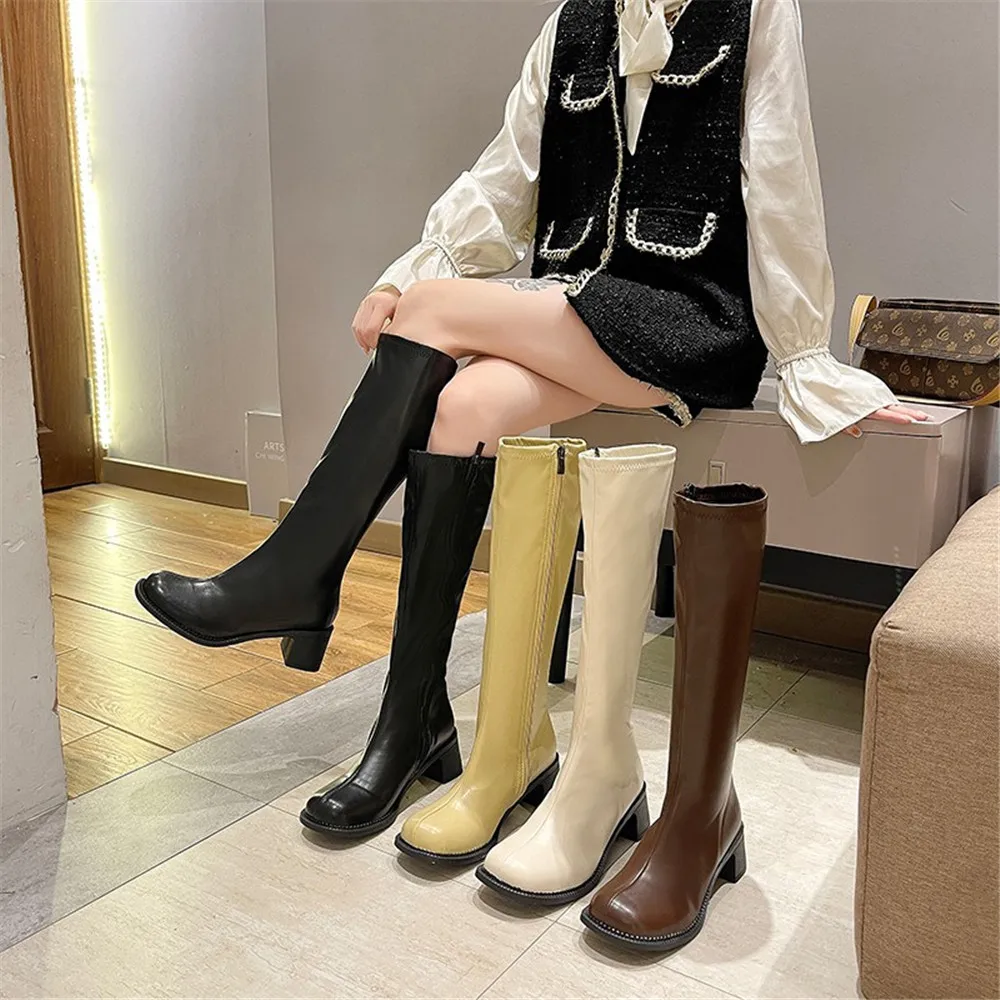 Fashion Women Long Chelsea Boots Autumn Block Heels Quality Leather Comfort Botas Mujer Square Toe Side Zipper Knee-High Booties 
Fashion Women Long Chelsea Boots Autumn Block Heels Quality Leather Comfort Botas Mujer Square Toe Side Zipper Knee-High Booties