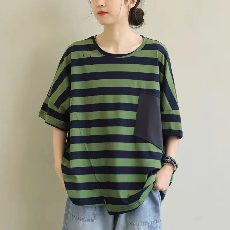 2021 New Arrival Summer Arts Style Women Loose O-neck Pockets Striped Cotton T Shirt Short Sleeve Casual Asymmetry T-shirt W179
2021 New Arrival Summer Arts Style Women Loose O-neck Pockets Striped Cotton T Shirt Short Sleeve Casual Asymmetry T-shirt W179