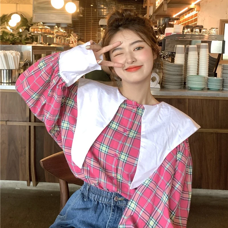Korean Autumn Preppy Style Sweet Girly Women Blouse Shirt Vintage Peter Pan Collar Full Sleeve Student Plaid Shirt For Female
Korean Autumn Preppy Style Sweet Girly Women Blouse Shirt Vintage Peter Pan Collar Full Sleeve Student Plaid Shirt For Female