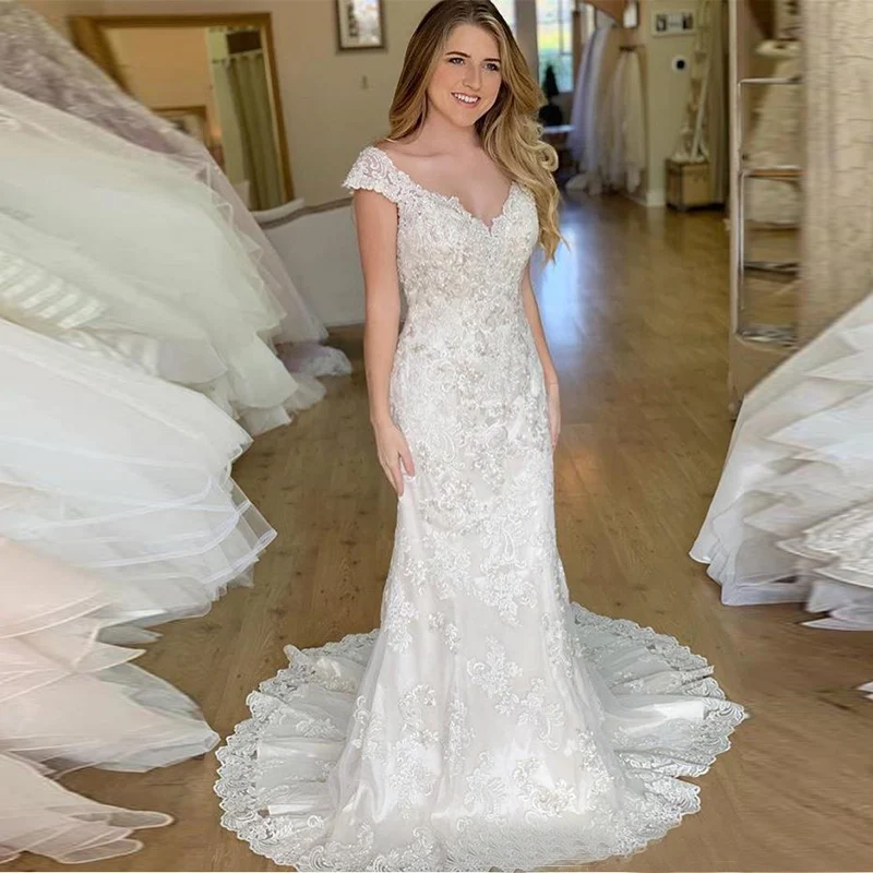 Elegant Off The Shoulder Wedding Dresses V Neck Cap Sleeves Appliques Bridal Gowns Sweep Train Mermaid Custom Made Wedding Dress
Elegant Off The Shoulder Wedding Dresses V Neck Cap Sleeves Appliques Bridal Gowns Sweep Train Mermaid Custom Made Wedding Dress