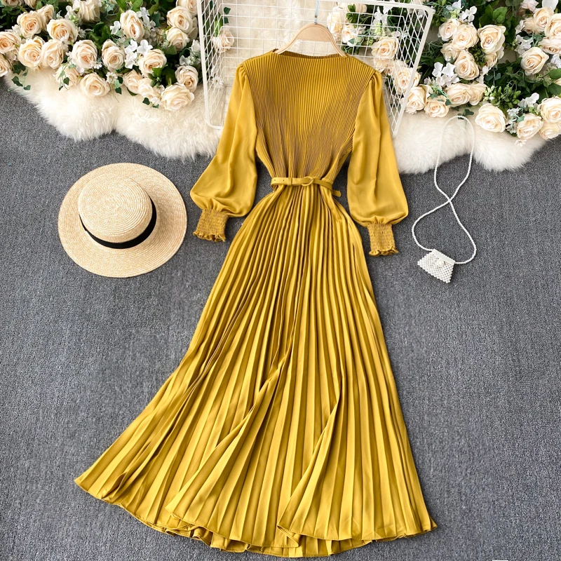 Spring Women French Pleated Maxi Dress Elegant O-Neck Lantern Long Sleeve A-line Dress Female Fashion Dress
Spring Women French Pleated Maxi Dress Elegant O-Neck Lantern Long Sleeve A-line Dress Female Fashion Dress