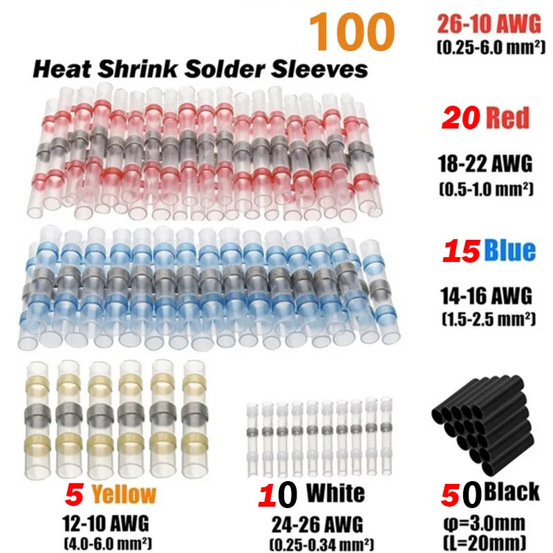 100PCS Mix Solder Sleeve Heat Shrink Butt Waterproof Wire Splice Connector AWG26-10 0.25-6.0mm
100PCS Mix Solder Sleeve Heat Shrink Butt Waterproof Wire Splice Connector AWG26-10 0.25-6.0mm