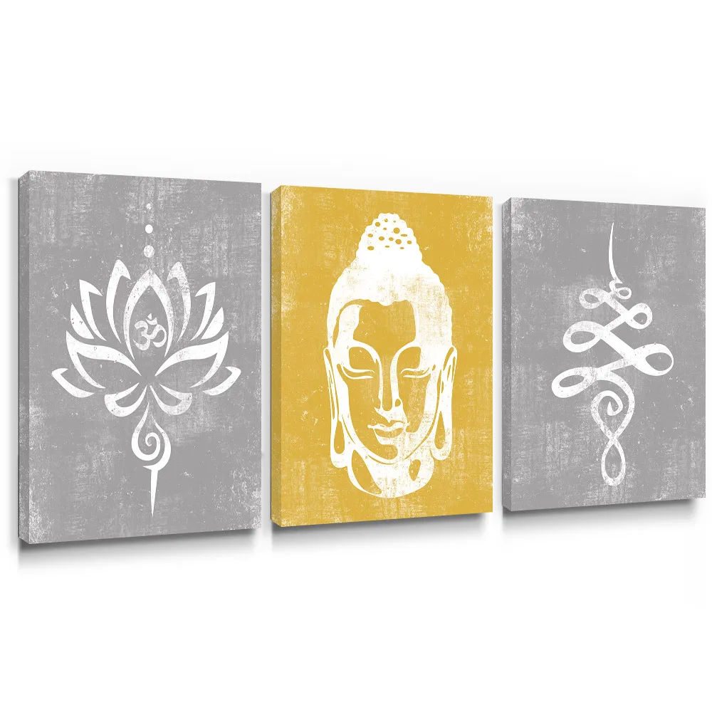 

Buddha Wall Art Zen Canvas Painting Grey Yellow Posters for Rustic Bedroom Living Room Lotus Modern Home Decor Picture Yoga