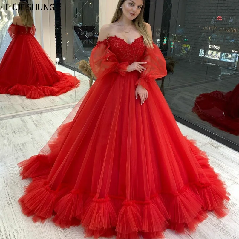 

Красное Кружевное бальное платье E JUE SHUNG, свадебные платья с открытыми плечами, свадебные платья со шнуровкой сзади