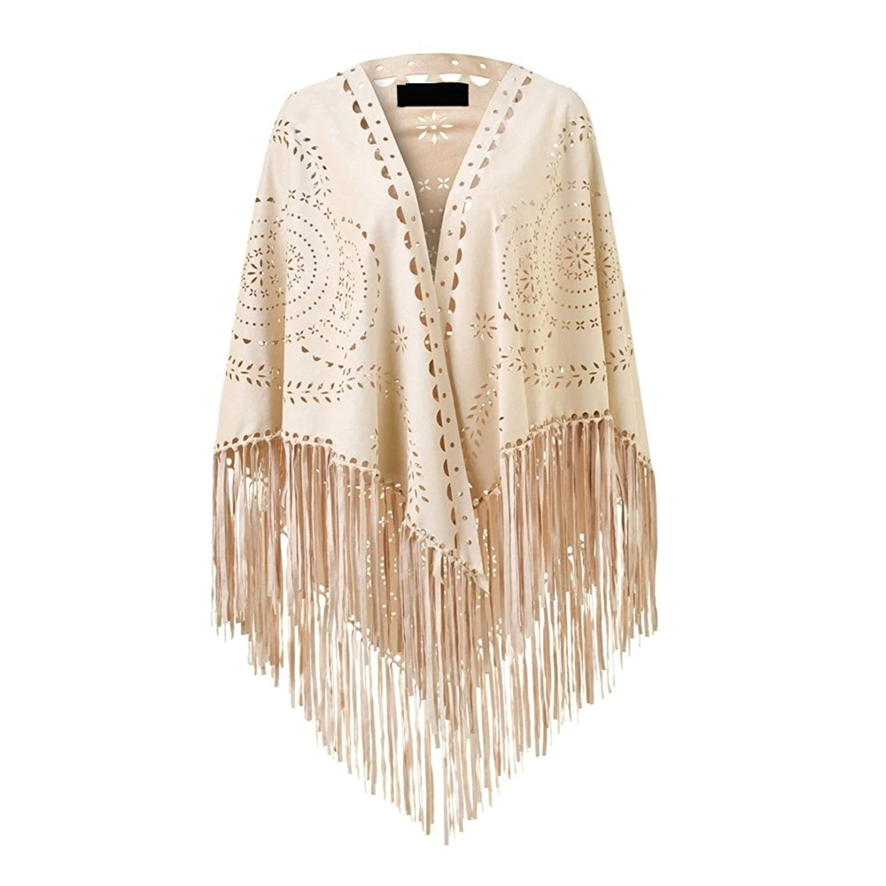 

Women's Loose Suede Fringe Open Poncho Cloak Shawl Wrap with Punch Hole Patterns and Graceful Fringes Dropshipping