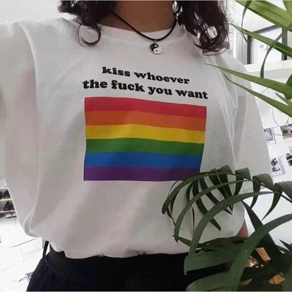 

PUDO-XSX1pcs Red Ringer Kiss Whoever Printed Rainbow Print Tops Summer Stripe Womens Crew Neck T-shirt Casual Short Sleeve