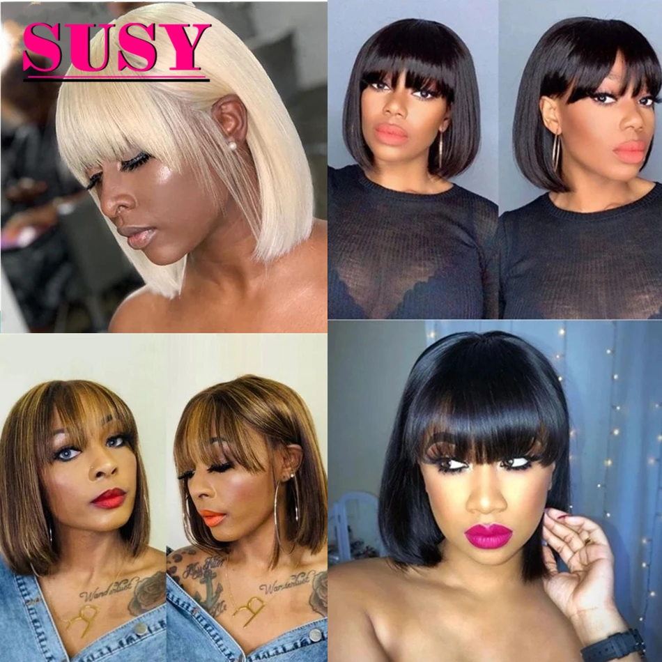 

Full Machine Short Straight Bob Wig With bang Human Hair Wig For Black Women Brazilian Remy Hair Wigs 613 Highlight Color