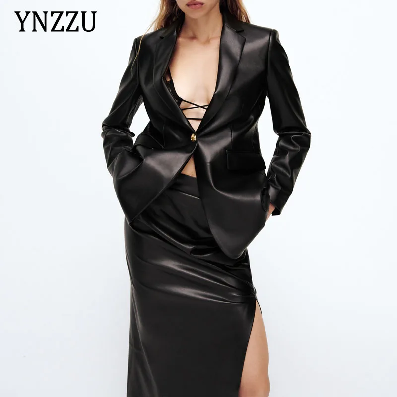 Office ladies Faux leather blazer jacket 2021 Newest Women Ruched split Pu Skirt Fashion Slim Two piece set Autumn YNZZU 1O205
Office ladies Faux leather blazer jacket 2021 Newest Women Ruched split Pu Skirt Fashion Slim Two piece set Autumn YNZZU 1O205