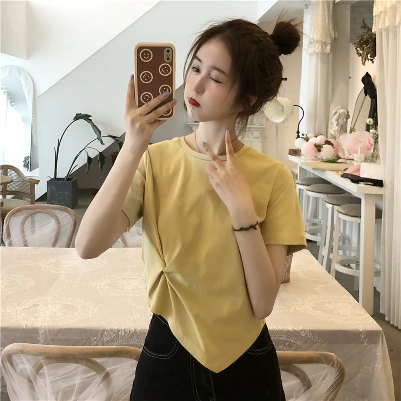 Summer Women T shirt Round Neck Short Sleeve Irregular Asymmetry Crop Tops with Chic Folds Delicate Mini T-shirt for Girls
Summer Women T shirt Round Neck Short Sleeve Irregular Asymmetry Crop Tops with Chic Folds Delicate Mini T-shirt for Girls