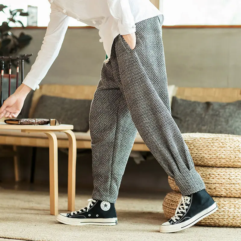 

MrGoldenBowl Men's Solid Color Straight Harem Pants Chinese Style Man Loose Ankle-Length Trousers Streetwear Male Casual Pants