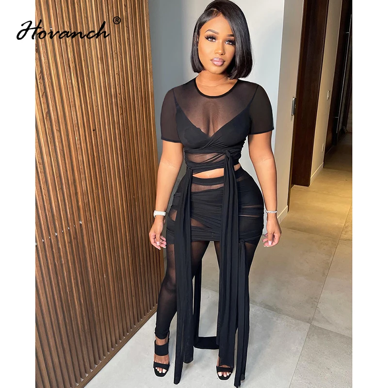 Hovanch Solid Mesh Sexy Perspective Tassel Bandage Short Sleeve Top + Tight Pencil Pants 2pcs Set 2022 Club Street Wear
Hovanch Solid Mesh Sexy Perspective Tassel Bandage Short Sleeve Top + Tight Pencil Pants 2pcs Set 2022 Club Street Wear