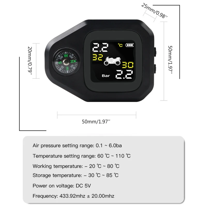 Motorcycle 2 in 1 Tire Pressure Monitor with Compass Wireless High-precision Monitoring System Waterproof Cordless High Pressure
Motorcycle 2 in 1 Tire Pressure Monitor with Compass Wireless High-precision Monitoring System Waterproof Cordless High Pressure