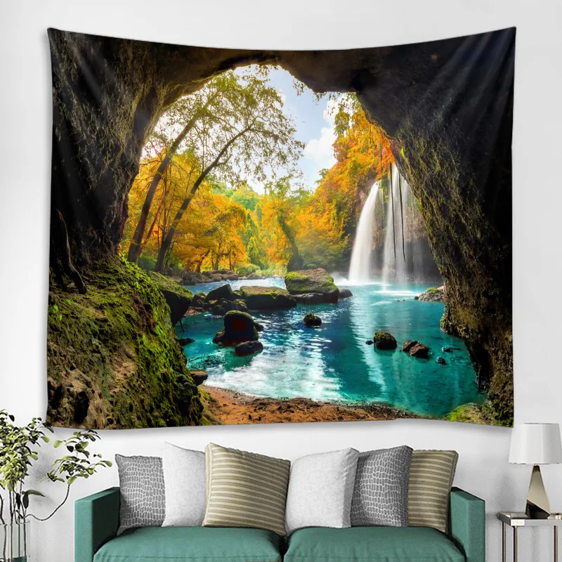 

Beautiful Cave Waterfall Print Wall Hippie Tapestry Polyester Fabric Home Decor Wall Rug Carpets Hanging Big Couch Blanket Mural