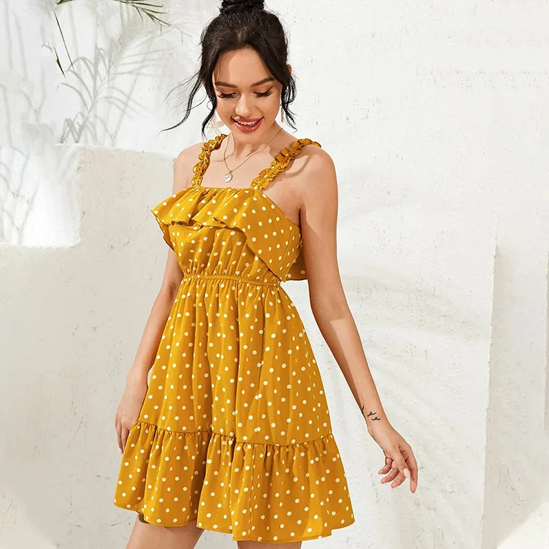 2021 Summer New Vacation Style Ladies Sleeveless Spaghetti Strap Dot Short Dress Women Ruffles Slash Neck Above Knee Mini Dress
2021 Summer New Vacation Style Ladies Sleeveless Spaghetti Strap Dot Short Dress Women Ruffles Slash Neck Above Knee Mini Dress