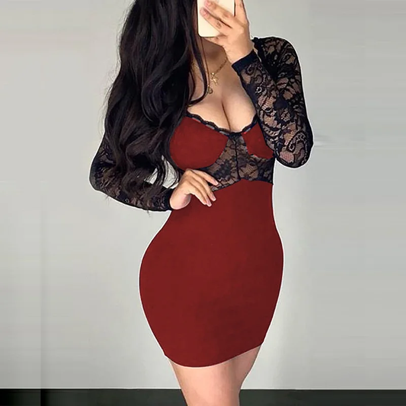 Sexy Women Bodycon Long Sleeve Mini Dress Fashion Lace Patchwork Hollow Out Party Dress Elegant V-Neck Slim Solid Dress Vestidos
Sexy Women Bodycon Long Sleeve Mini Dress Fashion Lace Patchwork Hollow Out Party Dress Elegant V-Neck Slim Solid Dress Vestidos