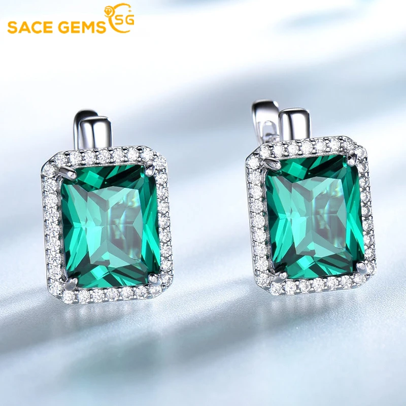 

SACE GEMS Fashion Earrings for Women 100% 925 Sterling Silver Emerald Sky Blue Topaz Ear Clip Wedding Fine Jewelry Eardrop Gift