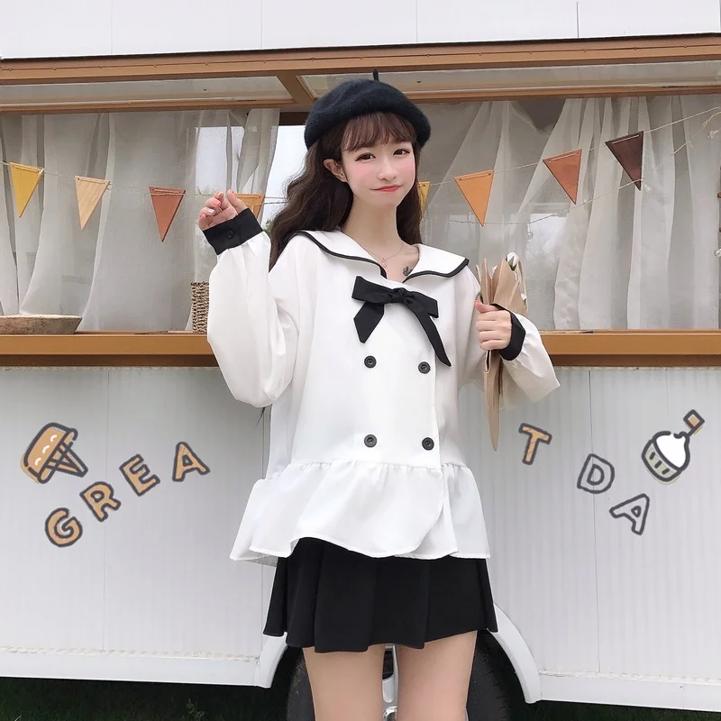 Women's Clothing japan style fashion brand shirts temperament sailor collar long sleeve bow new Spring autumn black button tops
Women's Clothing japan style fashion brand shirts temperament sailor collar long sleeve bow new Spring autumn black button tops