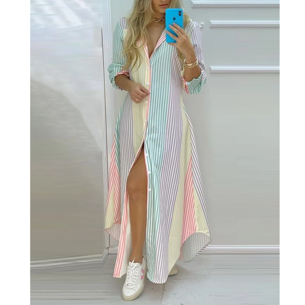 Elegant Women's Lapel Robe Autumn Sundress 2021 New Hot Casual Long Sleeve Maxi Vestidos Female Striped Shirt Dress Plus Size
Elegant Women's Lapel Robe Autumn Sundress 2021 New Hot Casual Long Sleeve Maxi Vestidos Female Striped Shirt Dress Plus Size