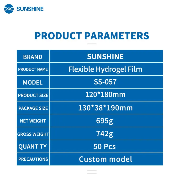Sunshine SS-057 SS-057A Flexible Hydrogel Film For SS-890C Film Cutting Machine Mobile Phone Screen Front Film with cutting code
Sunshine SS-057 SS-057A Flexible Hydrogel Film For SS-890C Film Cutting Machine Mobile Phone Screen Front Film with cutting code