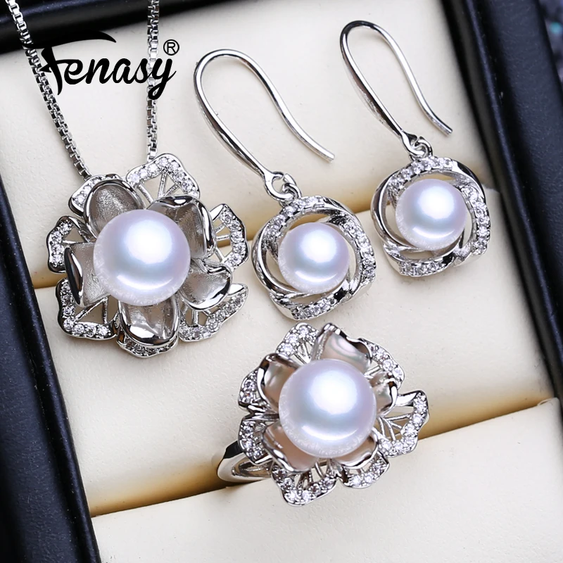 

FENASY 925 Sterling Silver Jewelry Sets Natural Pearl Necklaces For Women Classic Stud Earrings Fashion Wedding Pendant Rings