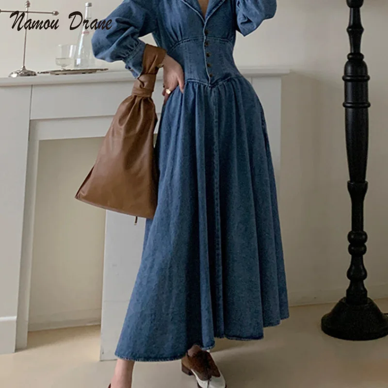 

Korean Chic Light Mature Single-breasted Slim High-waisted Puff Sleeve Notched Big Swing Denim Dress Long Vintage Casual Loose