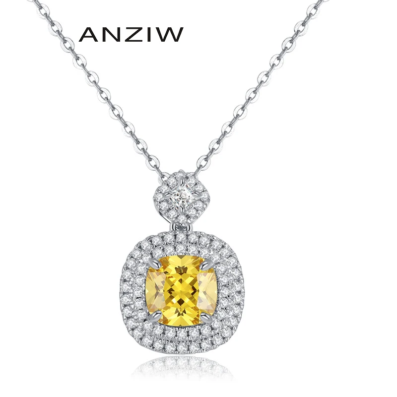 ANZIW 2.5 Carats Cushion Cut Halo Pendant Necklace Yellow Simulated Diamond Engagement Wedding Sterling Silver Women Jewelry | Украшения и