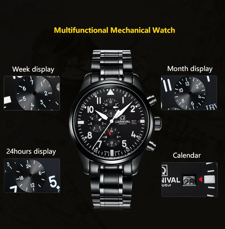 Fashion Pilot Watch CARNIVAL Automatic Mechanical Watch Men Waterproof Swimming 24 hours Calendar HD Luminous Sports Watches
Fashion Pilot Watch CARNIVAL Automatic Mechanical Watch Men Waterproof Swimming 24 hours Calendar HD Luminous Sports Watches