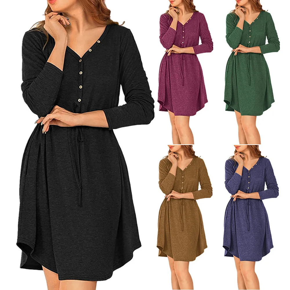 2021 European And American Women's Clothing Solid Color V-Neck Fashion Long-Sleeved Button Belt Women's Dress
2021 European And American Women's Clothing Solid Color V-Neck Fashion Long-Sleeved Button Belt Women's Dress