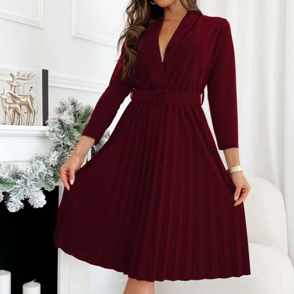 Tunics Dresses Cozy Party Dress Lapel Solid Color Women Pleated Dress 
Tunics Dresses Cozy Party Dress Lapel Solid Color Women Pleated Dress