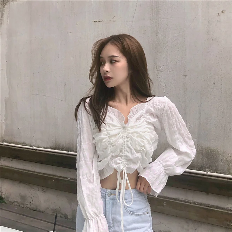 KUSAHIKI Korean Drawstring Pleated Blouse Flare Sleeve Sexy Crop Top Shirt 2021 Spring New Sun Protection Camisas De Mujer 6F473
KUSAHIKI Korean Drawstring Pleated Blouse Flare Sleeve Sexy Crop Top Shirt 2021 Spring New Sun Protection Camisas De Mujer 6F473