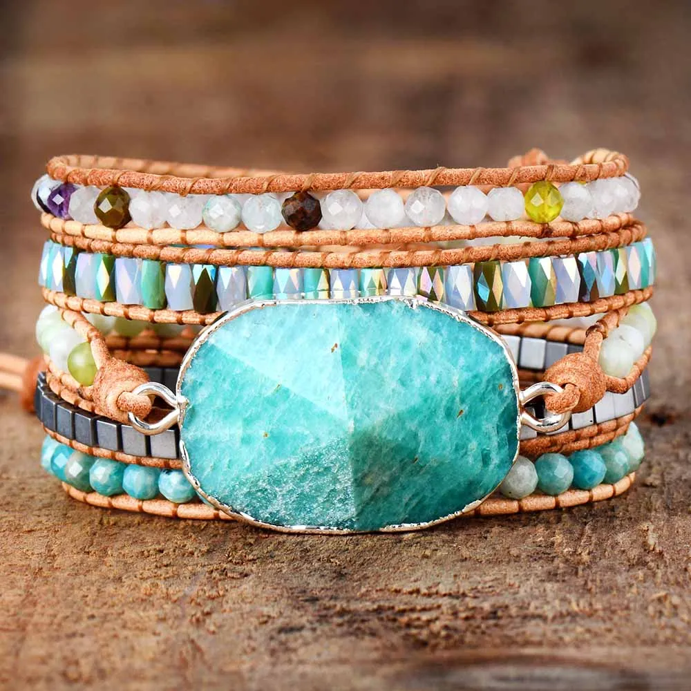 Женский браслет для обертывания Amazonite Crystal 5 раз браслеты с кожаными ремешками