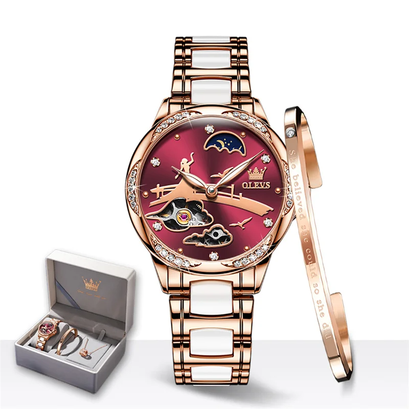 OLEVS Luxury Women Mechanical Skeleton Watches Set with Diamond Ceramic and Stainless Steel Strap Band Elegant Bracelet Gift Kit
OLEVS Luxury Women Mechanical Skeleton Watches Set with Diamond Ceramic and Stainless Steel Strap Band Elegant Bracelet Gift Kit