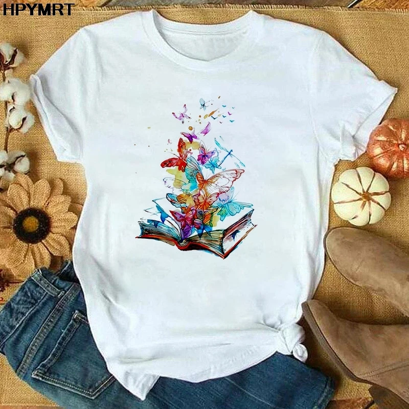 Футболка женская с коротким рукавом, модный топ с рисунком книги и бабочки, летняя одежда
Футболка женская с коротким рукавом, модный топ с рисунком книги и бабочки, летняя одежда