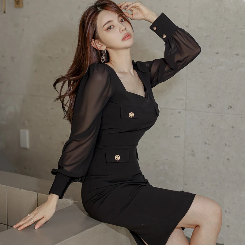 Simple Slim Sexy Square Collar Fashion Sheath Pencil Dress Spring Women Vestidos Office Lady Splicing Sleeve Black Dresses 
Simple Slim Sexy Square Collar Fashion Sheath Pencil Dress Spring Women Vestidos Office Lady Splicing Sleeve Black Dresses