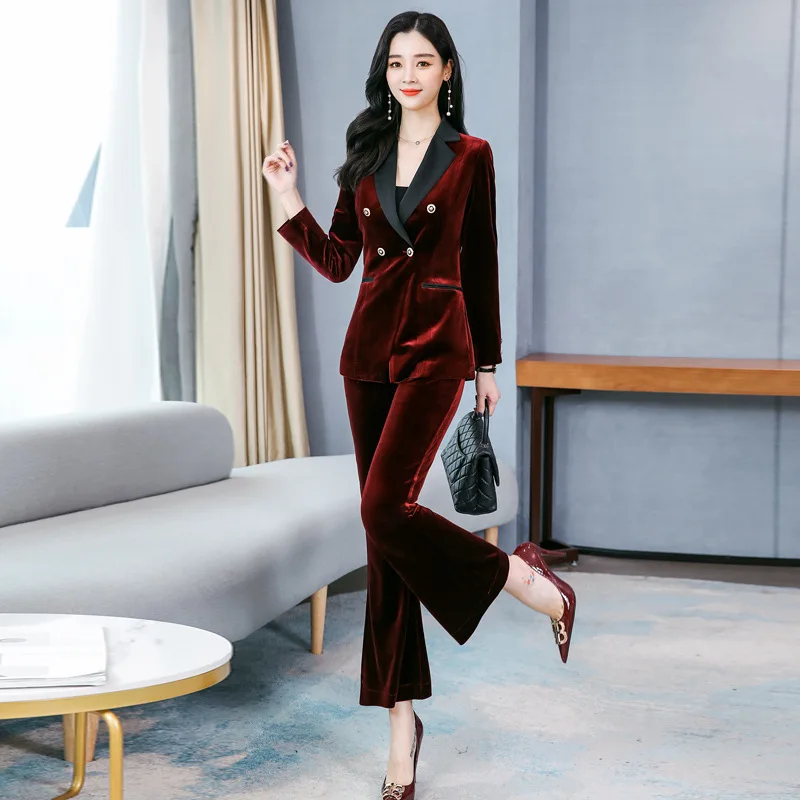 Fashion suit women's spring and Autumn New Korean version slim professional ol temperament two piece set of golden velvet pants 
Fashion suit women's spring and Autumn New Korean version slim professional ol temperament two piece set of golden velvet pants