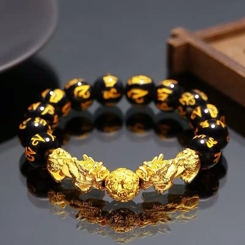Feng Shui обсидиан камень бисер браслет для мужчин и женщин унисекс золотистый