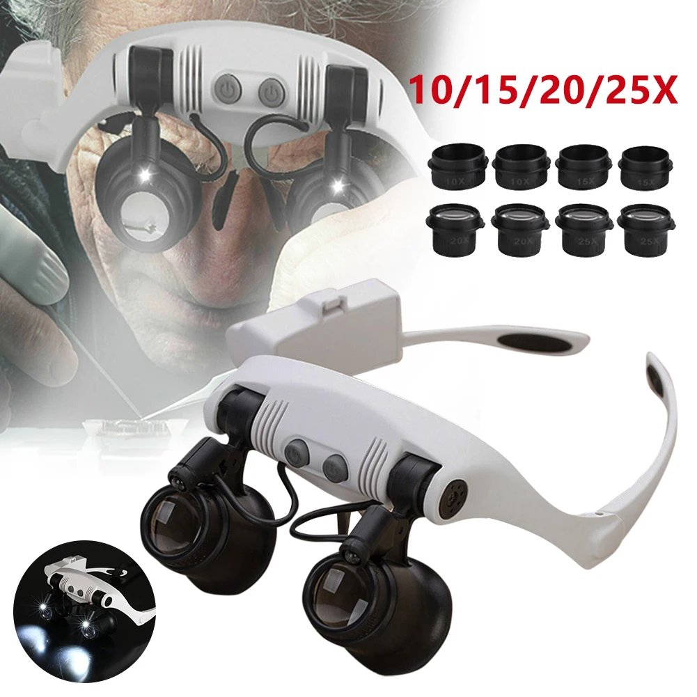 10X 15X 20X 25X LED Magnifier Double Eye Glasses Loupe Lens Jeweler Watch Repair Measurement with Lens LED lamp
10X 15X 20X 25X LED Magnifier Double Eye Glasses Loupe Lens Jeweler Watch Repair Measurement with Lens LED lamp