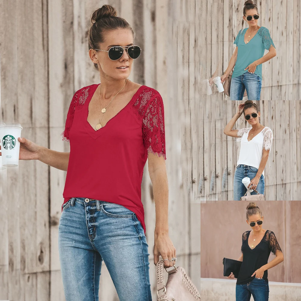 Lace Stitching Top T-shirt Womens Clothing Harajuku T Shirt Short Lace Solid V-Neck Office Lady Tops Streetwear Summer 2020
Lace Stitching Top T-shirt Womens Clothing Harajuku T Shirt Short Lace Solid V-Neck Office Lady Tops Streetwear Summer 2020