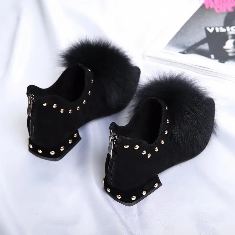 Autumn Single Shoes Woman Low Heels Fox Fur Women Plush Rivests Shoes Female Footware Back Zip Block Heel BLACK zapatillas mujer
Autumn Single Shoes Woman Low Heels Fox Fur Women Plush Rivests Shoes Female Footware Back Zip Block Heel BLACK zapatillas mujer