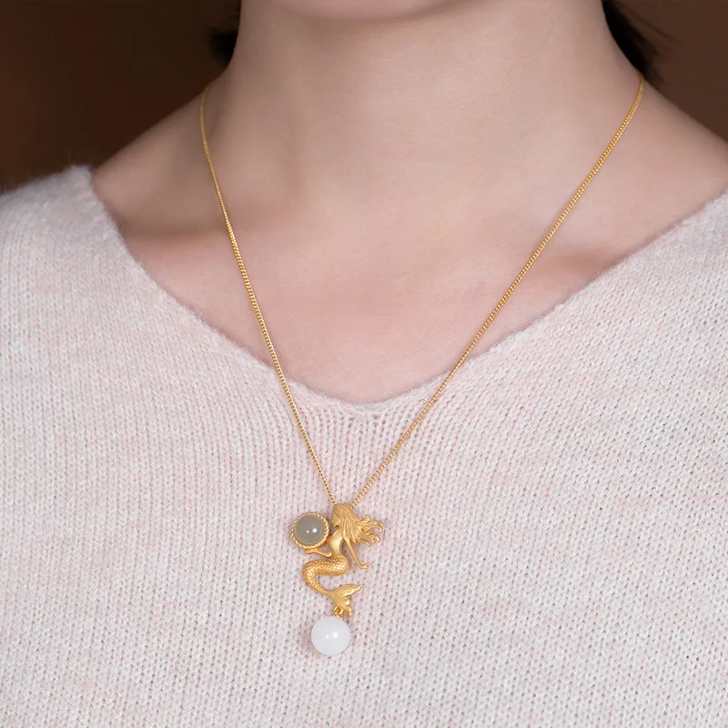 Mermaid White Jade Necklace Pendant Pure 925 Sterling Silver Gold Plate natural stone Neckalce Jewelry Women bijoux femme R09
Mermaid White Jade Necklace Pendant Pure 925 Sterling Silver Gold Plate natural stone Neckalce Jewelry Women bijoux femme R09
