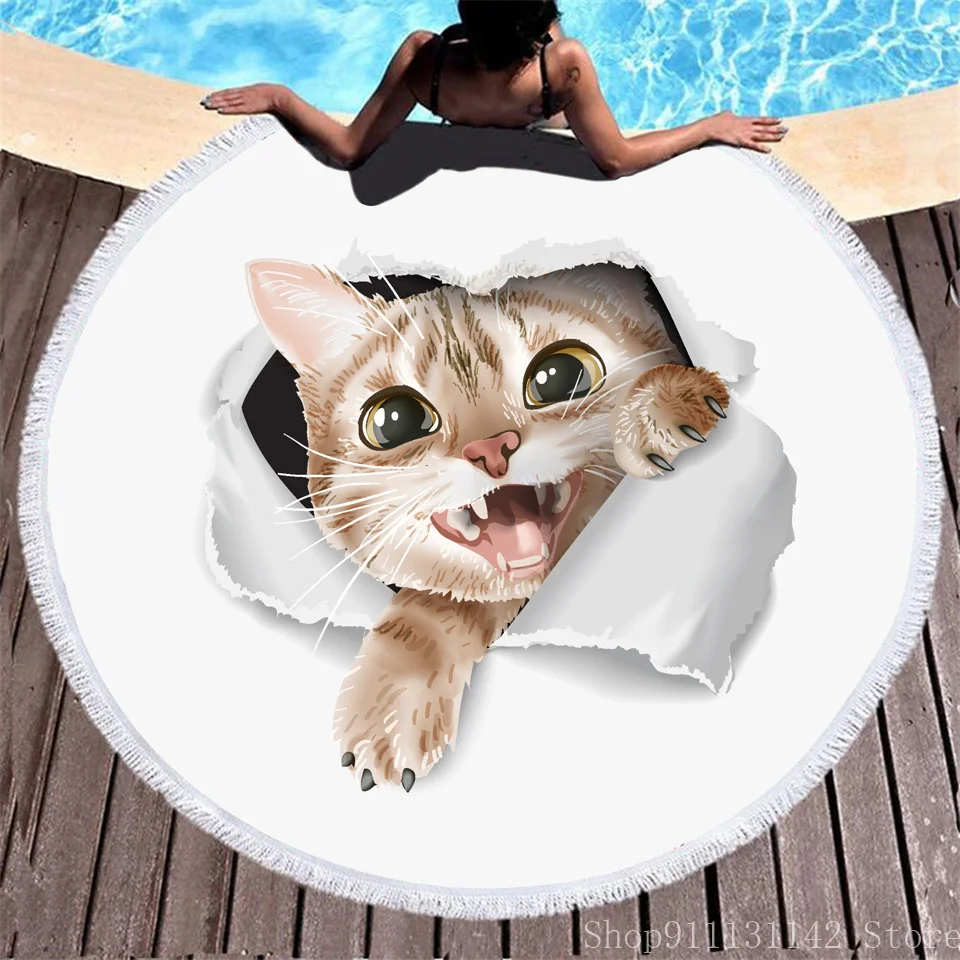 

Love Cat Digital Print Round Beach Towels Fringed Cartoon Animal Microfiber Bath Towel Suitable for Adult Picnic Yoga Mat