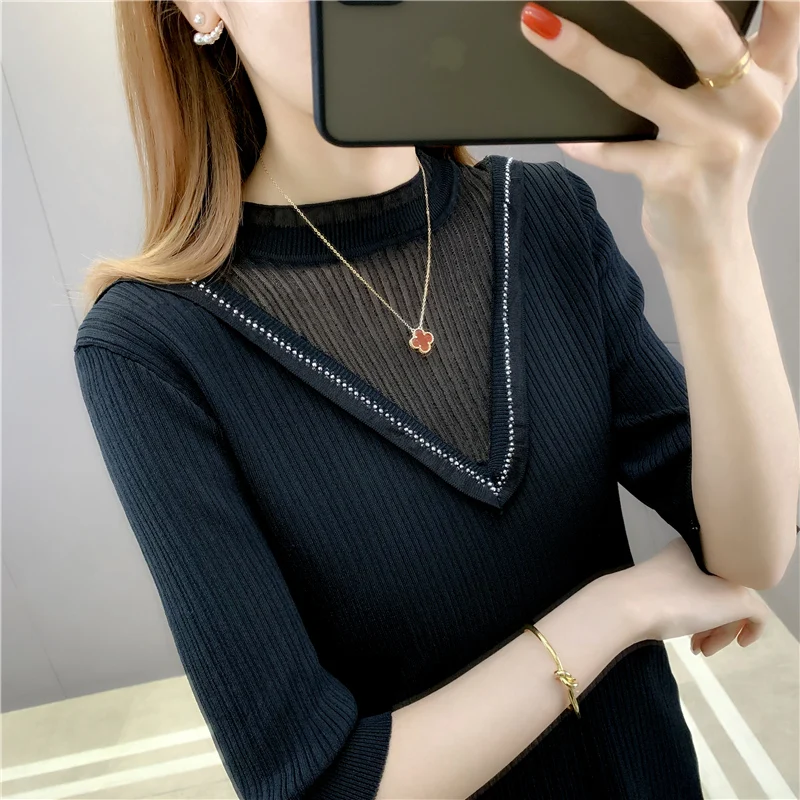 Room 197975 on the 5 row 5 make pure color lace stitching nail bead short-sleeved sweater 32
Room 197975 on the 5 row 5 make pure color lace stitching nail bead short-sleeved sweater 32