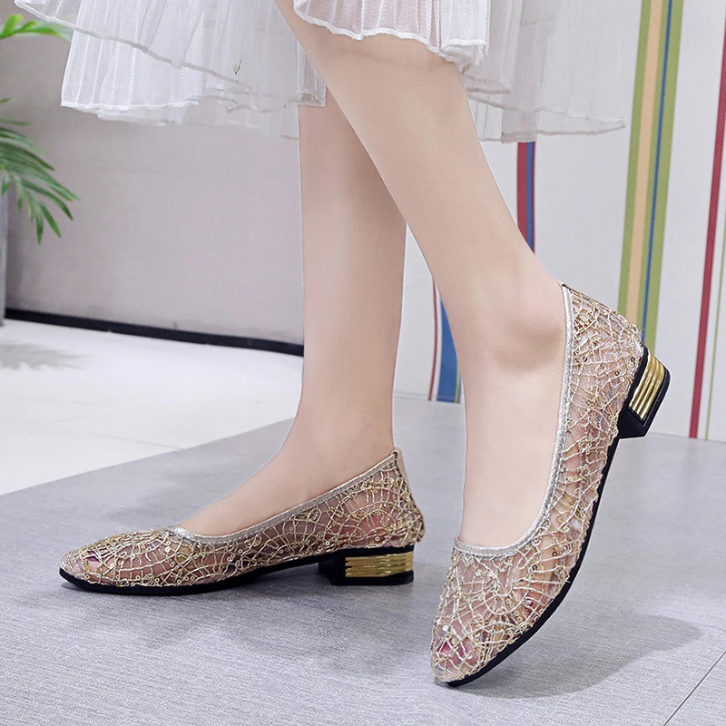 

Casual Shoes Woman Bling Shine Ballet Flats Women Shoes Hollow Pointed Toe Breathable Square Low Heel Boat Shoes Plus Size 42