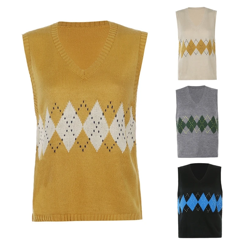Women Autumn Knitted Sleeveless Vest V-Neck Argyle Plaid Patterns Sweater Preppy Style Contrast Color Pullover Tank Top
Women Autumn Knitted Sleeveless Vest V-Neck Argyle Plaid Patterns Sweater Preppy Style Contrast Color Pullover Tank Top