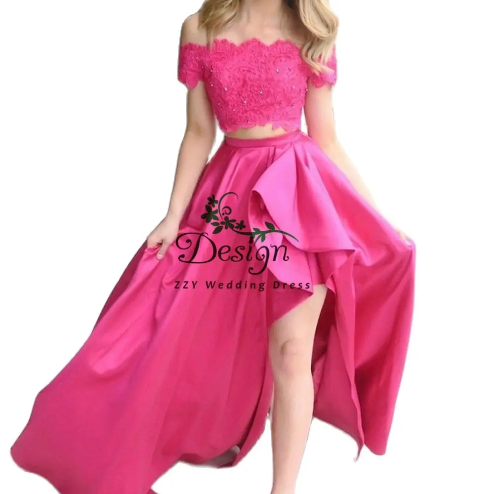 Sexy Fushica Satin Off The Shoulder Lace Appliqued Two Pieces High-Low Formal Dresses Dresses For Women Party Evening 
Sexy Fushica Satin Off The Shoulder Lace Appliqued Two Pieces High-Low Formal Dresses Dresses For Women Party Evening