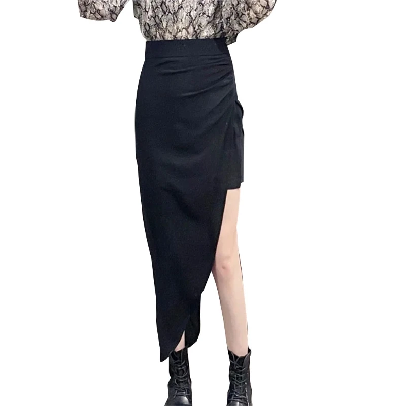 

Women Sexy High Waist Asymmetrical Black Midi Long Skirt Double Layer Side Split Pleated Ruched Package Hip Bodycon Party Y1AC