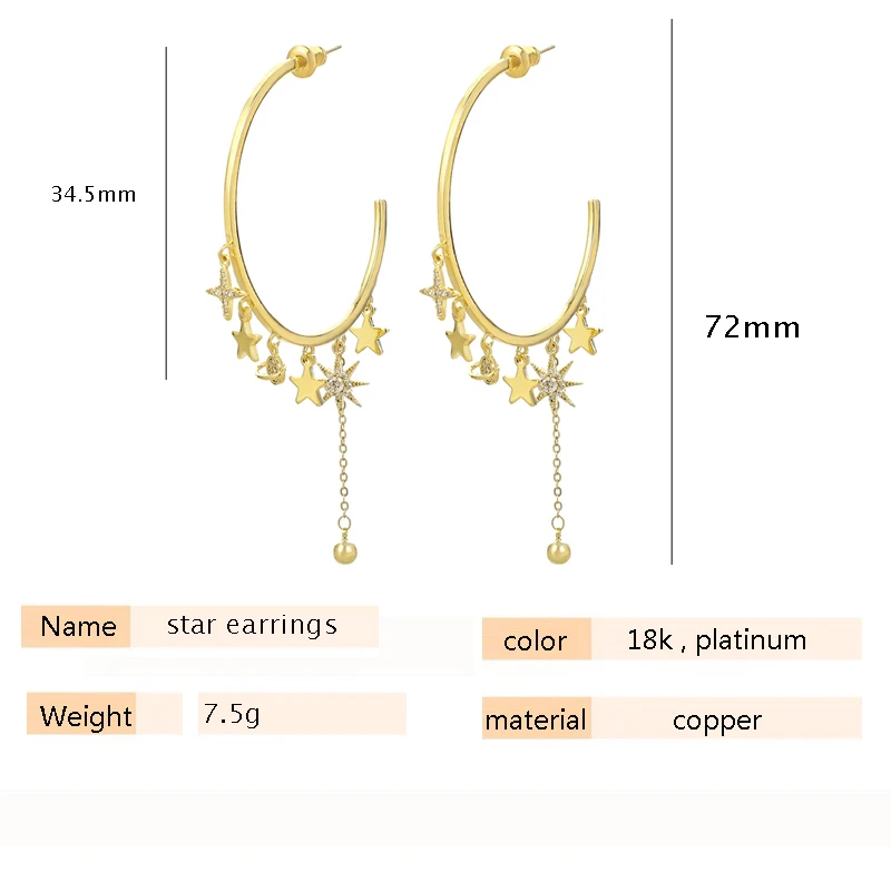 Fashion Cubic Zirconia Personality Big Hoop Earrings Cute Stars And Moon Long Tassel Accessories Stud Earrings For Women Jewelry
Fashion Cubic Zirconia Personality Big Hoop Earrings Cute Stars And Moon Long Tassel Accessories Stud Earrings For Women Jewelry
