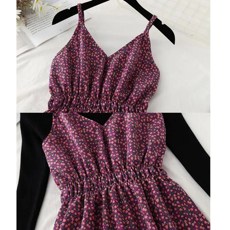 Two Piece set Vintage Dress Women Autumn Knitted Sweater Long Sleeve Office Corduroy Dresses Floral print Ruffle Sling Dress
Two Piece set Vintage Dress Women Autumn Knitted Sweater Long Sleeve Office Corduroy Dresses Floral print Ruffle Sling Dress